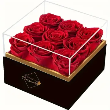 9 Preserved Red Roses – Square Box with Acrylic Lid